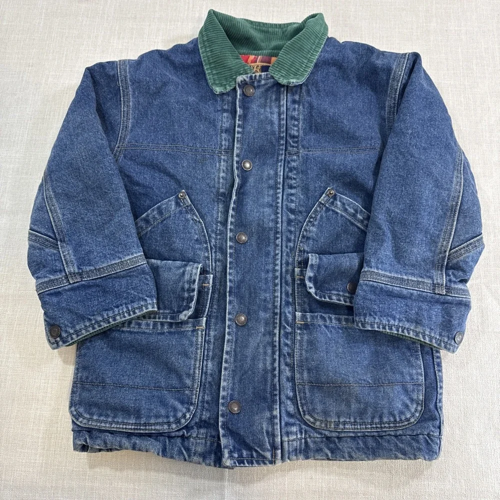 Vtg GAP Denim Jacket Kids XS Corduroy Collar Plaid Lined Chore‎ Barn Coat 90s